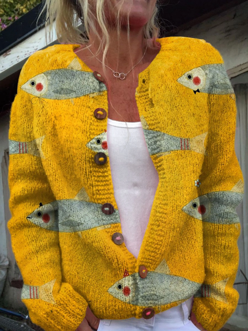 Anouk | Cardigan en maille jaune imprimé poissons