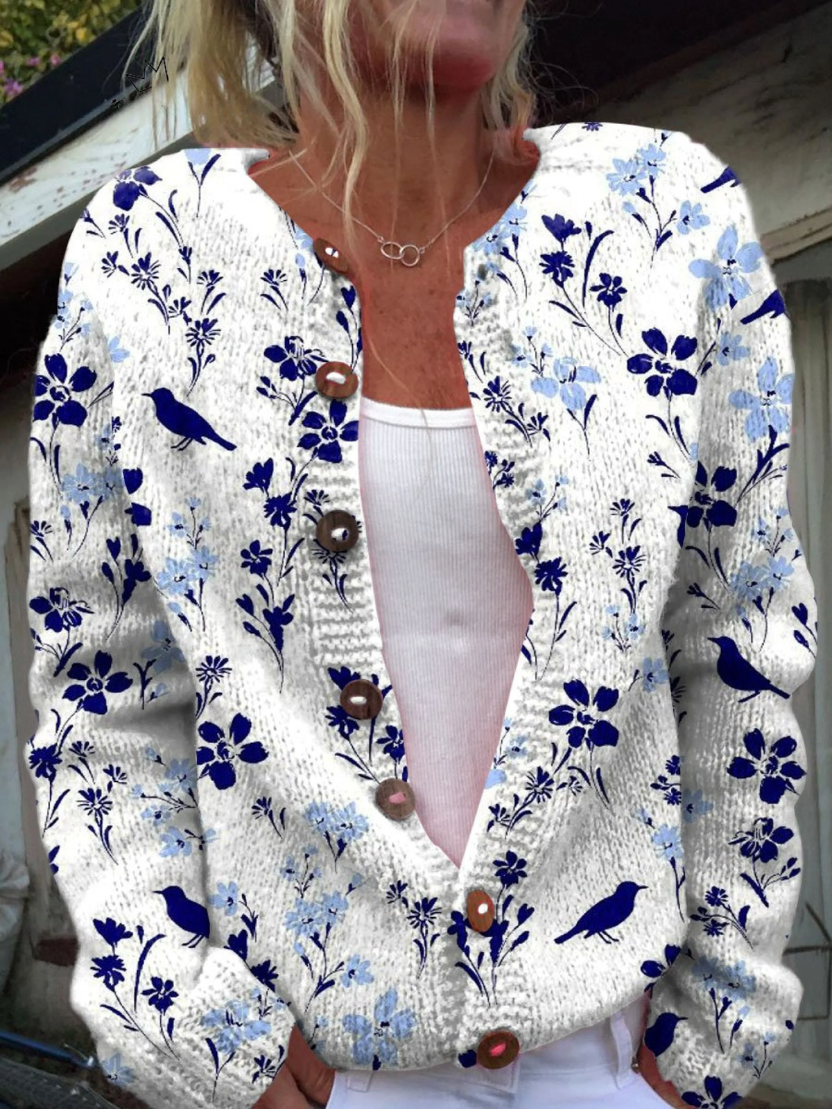 Vynora | Cardigan en maille fleurs et oiseaux