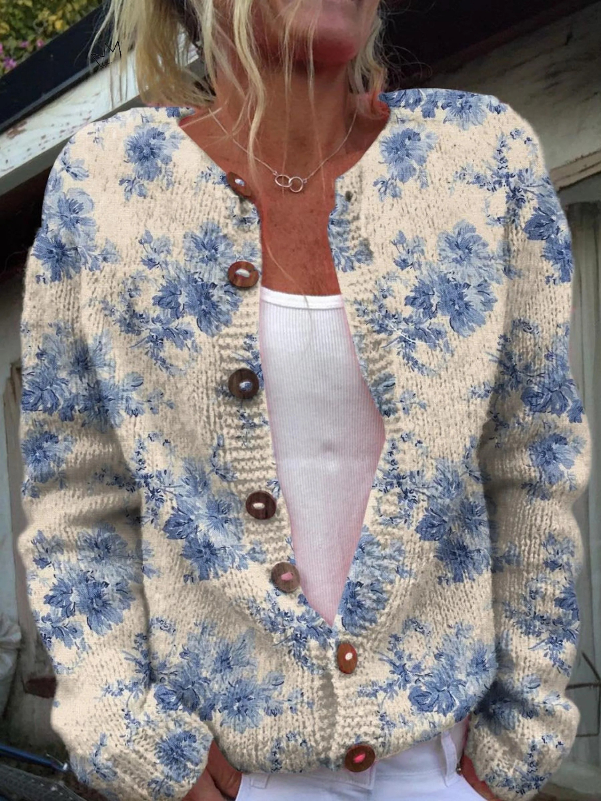 Daysie | Cardigan en maille fleurs bleues vintage