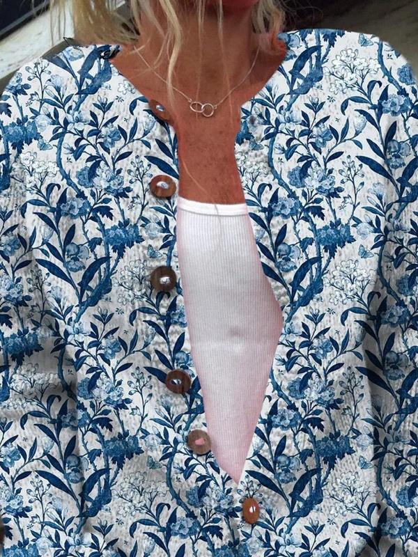 Tiverly | Cardigan en maille imprimé botanique bleu