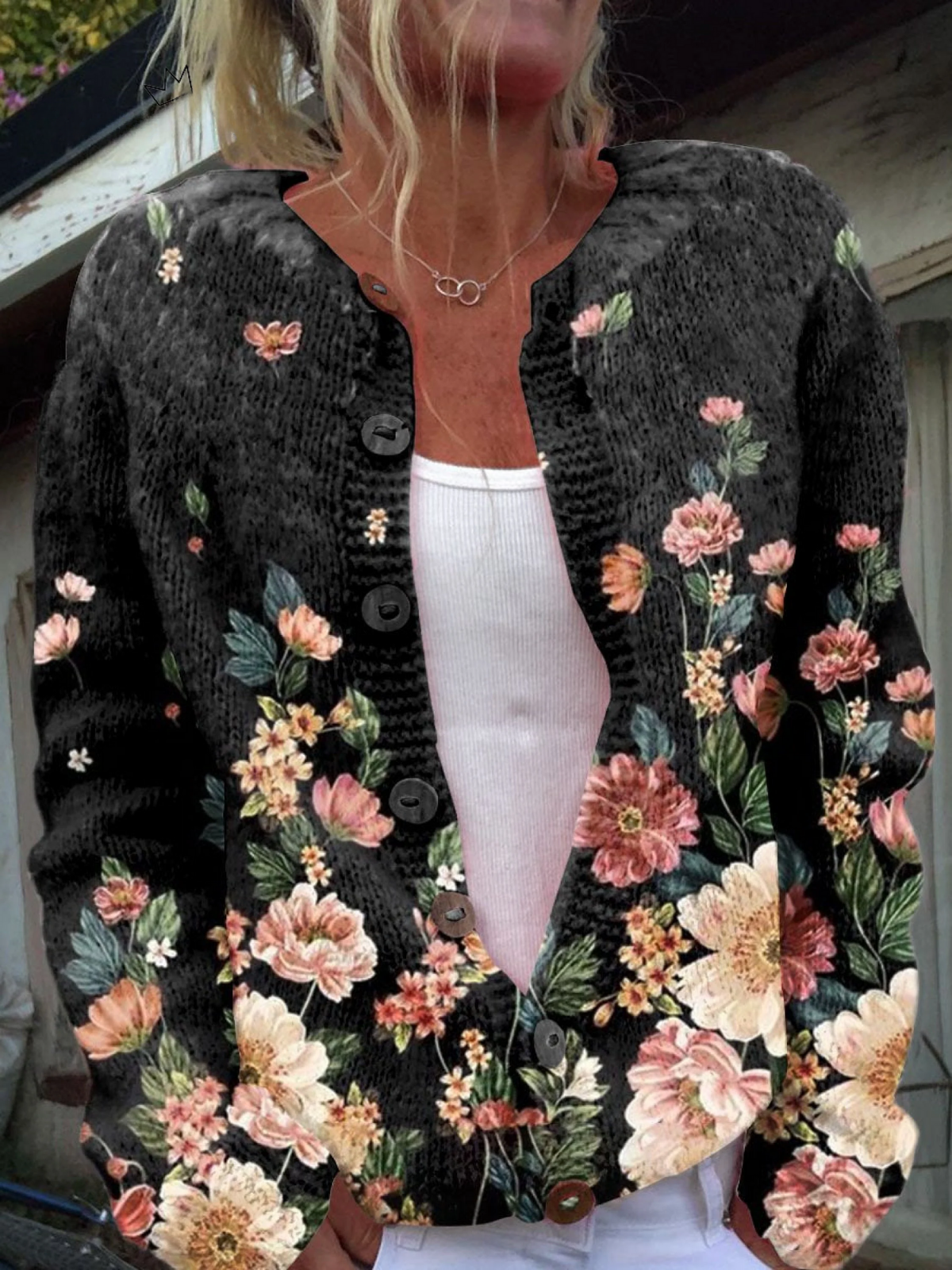Kivara | Cardigan en maille noir imprimé botanique