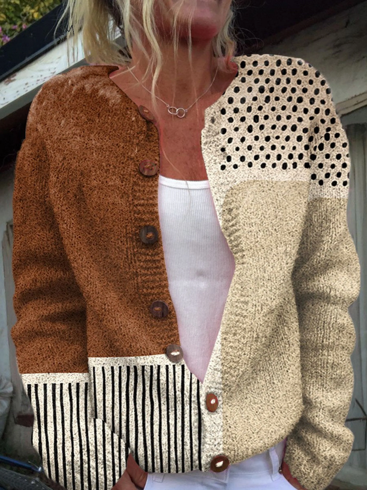 Eloise | Cardigan en maille patchwork caramel
