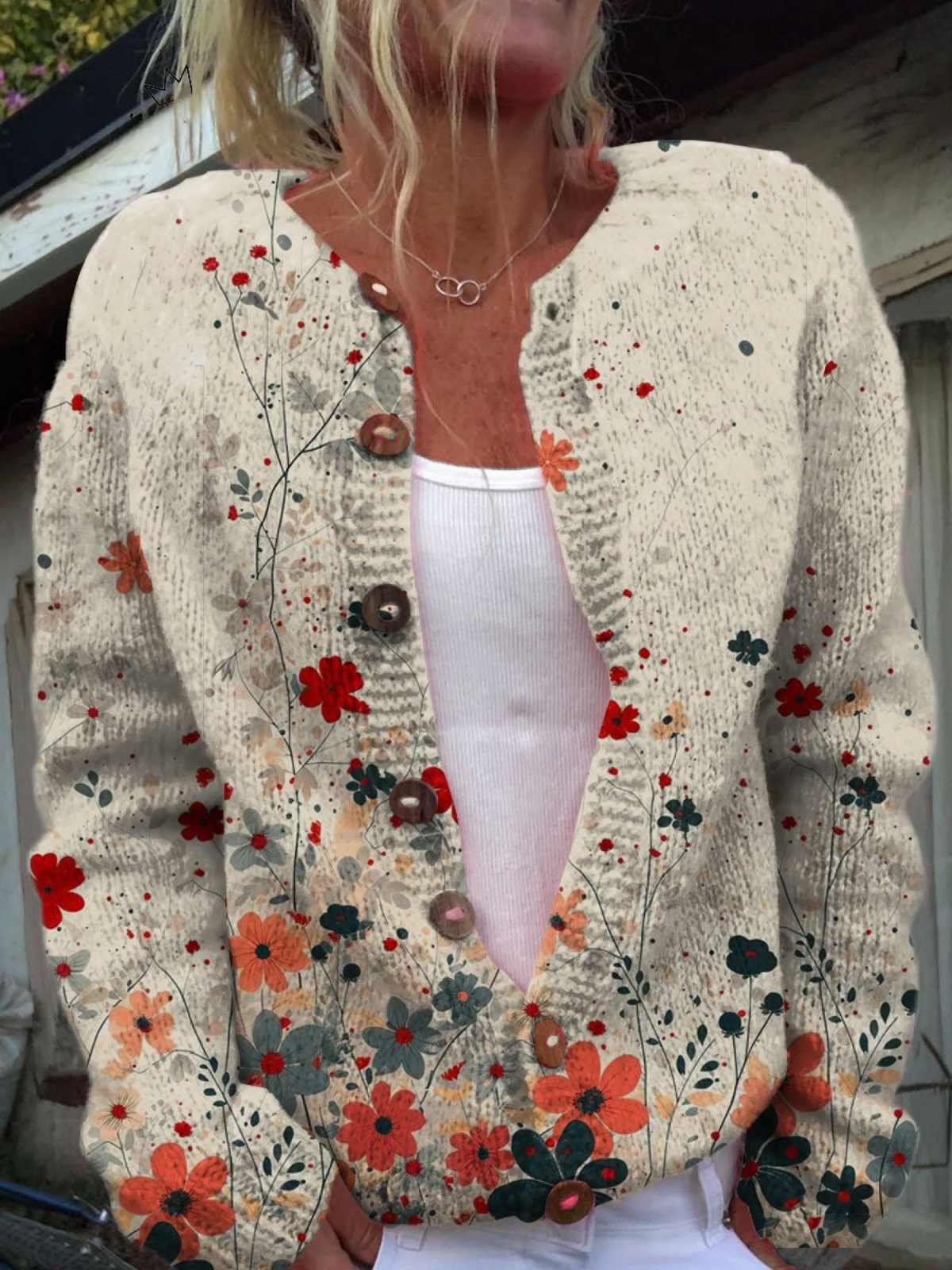 Sabrina | Cardigan en maille fleurs rouges et corail
